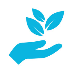 Blue hand holding vibrant green leaves symbolizing growth and nature conservation