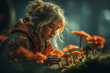 A young woman with blonde hair examining a cluster of orange mushrooms in a forest setting closely
