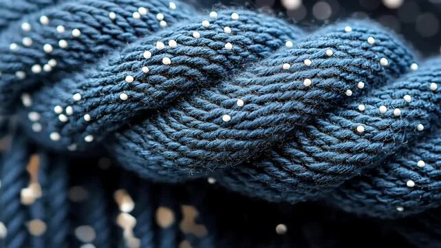 Detailed macro shot of a dark blue braided rope with small white dots pattern texture