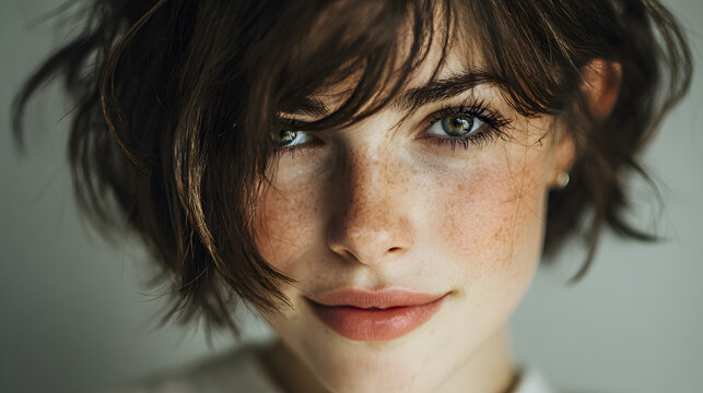 Retrato de belleza minimalista de una modelo con pelo corto casta&ntilde;o, femenina confiada y serena, con enfoque en sus expresivos ojos marrones.