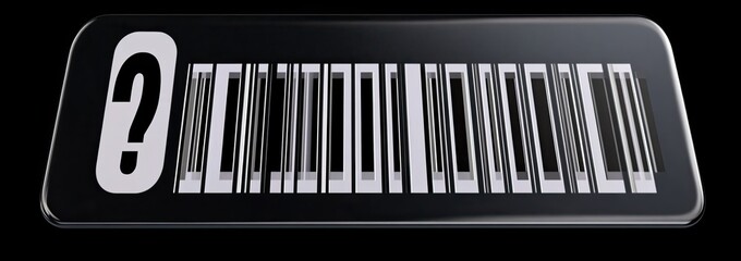 A rectangular black barcode with a white question mark