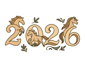 Decorative illustration of 2026 typography with horse heads and floral ornaments in earthy tones. Great for New Year greeting cards, calendar design, and celebration themes. Vector illustration.