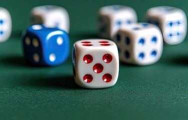 Close-up of dice on a green surface