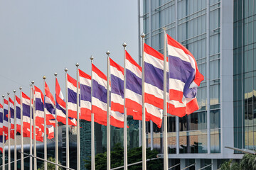Thai national flags row at Modern building facade.