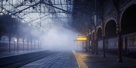 Mystical fog rolling through a Victorian railway station