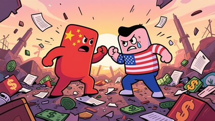 Illustration of Chinese vs. American Cartoon Characters in a Showdown