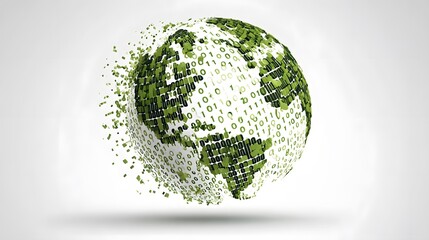 A globe composed of green binary code, representing technology and the digital world. The image suggests the integration of technology with the planet.