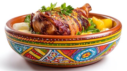 Roasted chicken leg with bacon and potatoes in a colorful bowl. The dish is garnished with fresh parsley.