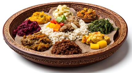 A delightful platter of assorted Ethiopian dishes, a visual feast for food lovers. A variety of savory and flavorful meals are artfully arranged in a decorative basket