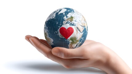 A caring hand cradling a globe with a red heart, symbolizing love and care for our planet