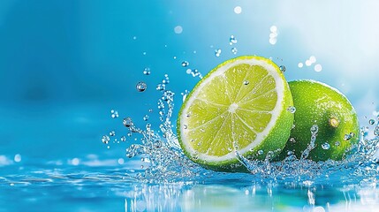   Blue background with two limes splashing in water and a splash of water in the foreground