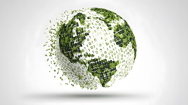 A globe composed of green binary code, representing technology and the digital world. The image suggests the integration of technology with the planet.