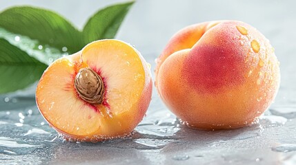   Peach duo perched on silver plate with verdant foliage above