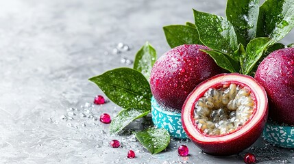   A pair of pomegranates rest atop one another beside a lush green foliage