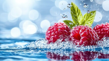   A cluster of raspberries bobbing atop a water surface, crowned by a lush green leaf