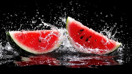   Watermelon slice splashes into dark water background