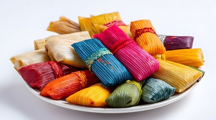 Colorful tamales on a white plate. A variety of vibrant colors and textures are showcased in this appetizing image.