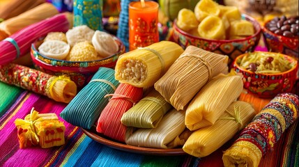 A vibrant and colorful Mexican food spread, featuring traditional tamales and other dishes. The scene evokes a sense of festivity and culinary delight