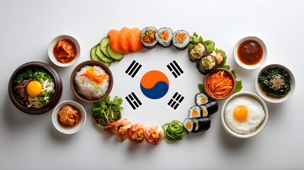 Diverse Korean cuisine arranged artistically around the South Korean flag, with elements of gimbap, bibimbap, and kimchi