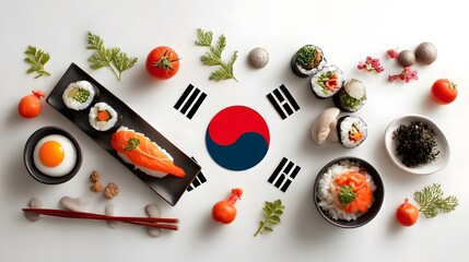 An exquisite visual composition featuring Korean cuisine alongside the South Korean flag
