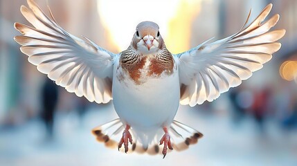   A detailed photo of a bird soaring through the sky, its wings fully stretched and eyes focused on the horizon