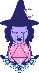 Retro Tattoo Style crying half orc witch with natural one D20 dice roll in bright neon color