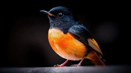   A close-up of a small bird against a black background