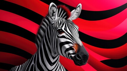   A monochrome zebra stands before a bicolor stripe background, featuring its own grayscale head
