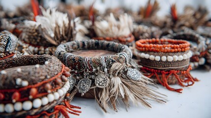 A close-up view of an array of intricately crafted traditional tribal headbands. Showcasing detailed beadwork, feathers and textures