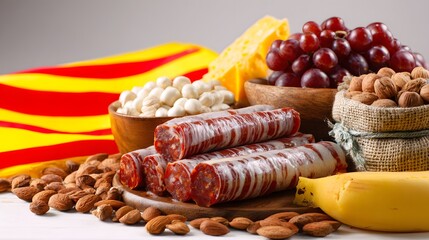 A close-up of an assortment of delicious food ingredients with the flag in the background