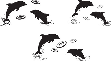 Obraz premium Cute Dolphins Playing With Floating Rings Cartoon silhouette