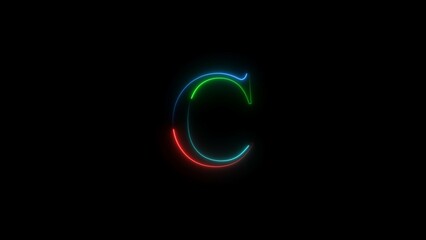 neon light color alphabet C illustration on black background.glowing neon text.