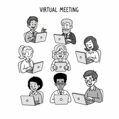 Virtual meeting people working laptops online conference
