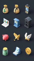 Plasticine-style icons pack: money bag, stock chart, ATM, savings jar, coin with wings, secure vault, isometric
