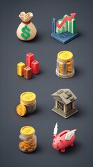 Plasticine-style icons pack: money bag, stock chart, ATM, savings jar, coin with wings, secure vault, isometric
