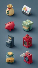 Plasticine-style icons pack: money bag, stock chart, ATM, savings jar, coin with wings, secure vault, isometric
