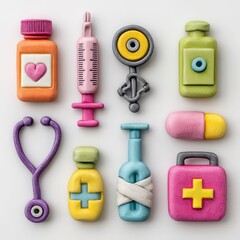 Plasticine-style medical icons on white: pill bottle, syringe, stethoscope, bandage, cross symbol