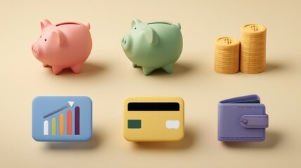 Set of 6 colorful clay-style finance icons, piggy bank, coin stack, credit card, chart arrow, wallet, dollar bill