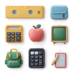 Set of school-themed modeling clay icons ruler, calculator, apple, school bag, chalkboard
