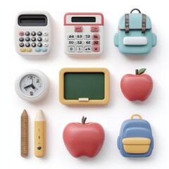 Set of school-themed modeling clay icons ruler, calculator, apple, school bag, chalkboard