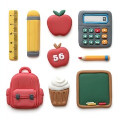 Set of school-themed modeling clay icons ruler, calculator, apple, school bag, chalkboard