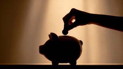 Silhouette of a woman's hand holding a large coin between two fingers, half-lowering it into a piggy bank