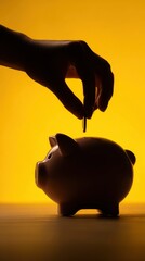 Silhouette of a woman's hand holding a large coin between two fingers, half-lowering it into a piggy bank