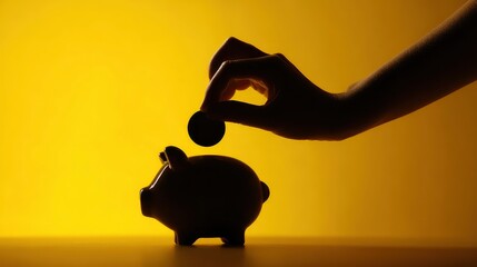 Silhouette of a woman's hand holding a large coin between two fingers, half-lowering it into a piggy bank