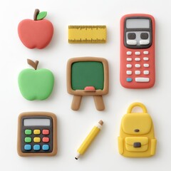 Set of school-themed modeling clay icons ruler, calculator, apple, school bag, chalkboard