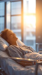 Smiling patient lying in modern hospital bed, sunlight streaming through large window, warm and hopeful atmosphere