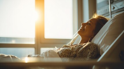Smiling patient lying in modern hospital bed, sunlight streaming through large window, warm and hopeful atmosphere
