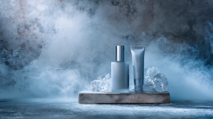 Still life of skincare product on frosted glass slab, icy mist in the air, pale blue and soft grey tones, minimal composition