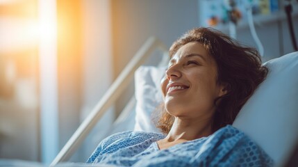 Smiling patient lying in modern hospital bed, sunlight streaming through large window, warm and hopeful atmosphere