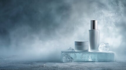 Still life of skincare product on frosted glass slab, icy mist in the air, pale blue and soft grey tones, minimal composition